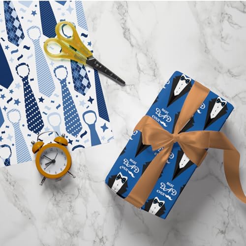 Cuitpan Father's Day Wrapping Paper - Blue Gift Wrap for Men With Happy Father's Day,Suit, tie, Hat, Mustache and Plaid Design - 20×29 Inches, 8 Folded Sheets Easy to Store - color: Blue-Father's Day