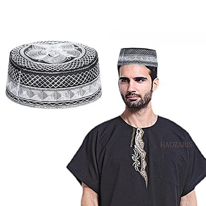 Mens Muslim Hat Islamic Prayer Cap, Muslim Eid Prayer Embroidered Kufi Fat Ramadan Mosque Arab Indian Prayer Cap - color: Black-white