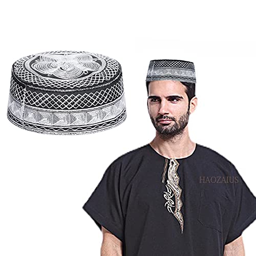 Mens Muslim Hat Islamic Prayer Cap, Muslim Eid Prayer Embroidered Kufi Fat Ramadan Mosque Arab Indian Prayer Cap - color: Black-white