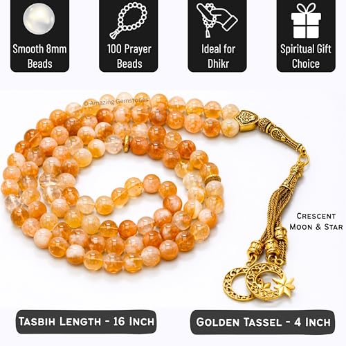 Amazing Gemstone Crystal Tasbeeh with Moon and Star Charm - Certified Crystal Muslim Prayer Beads Natural Gemstone Tasbih Gift for Ramadan Dhikr and Daily Namaz (G) - color: Citrine Natural