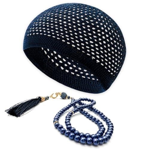 ESERRA Kufi Hats for Men and Women with 99 Tasbih Prayer Beads, Muslim Thick Breathable Skull Cap, Tasbeeh, Prayer Cap - color: Navy Blue