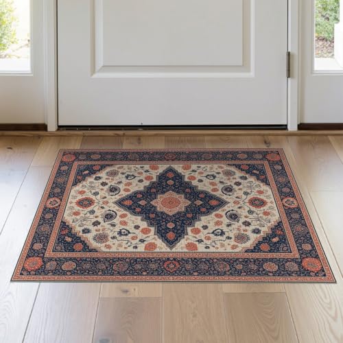 2'x3' Beige Navy Blue Warm Boho Medallion Washable Throw Rug - color: Beige/Pattern 7, size: 2' x 3' (Rectangular)