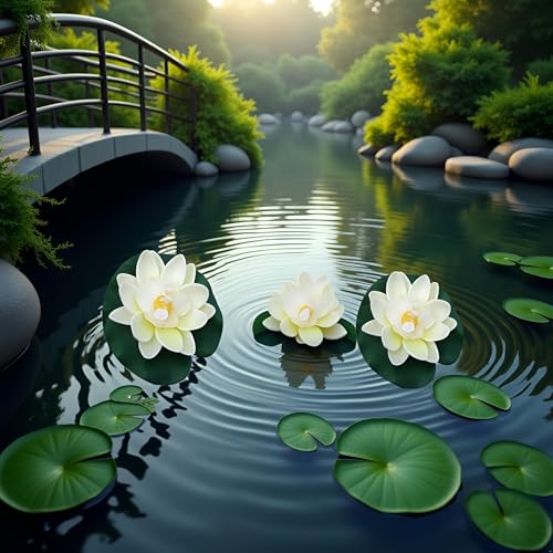 6Pcs White Artificial Floating Foam Lotus Flowers with Water Lily Pad Ornaments, Perfect for Patio Koi Pond Pool Aquarium Home Garden Wedding Party Holiday Decoration Water Gardens and Ponds