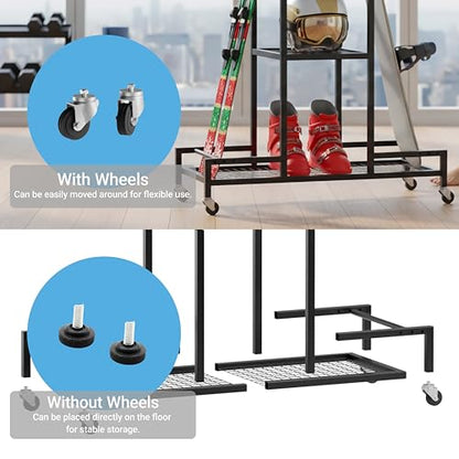 Standing Ski Storage Rack | Holds Snowboards & Skis, 3-Tier Organizer for Gear, Black - Ski Rack for Garage (without antislipmat) - style: without antislipmat