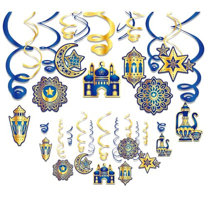 30Pcs Ramadan Mubarak Hanging Swirls- Blue and Gold Ceiling Swirls Hanging Streames for Eid Ceiling Whirl Birthday Baby Shower Party Decorations