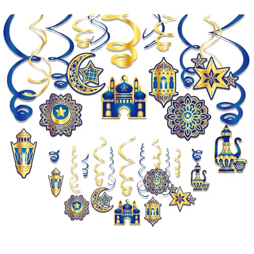 30Pcs Ramadan Mubarak Hanging Swirls- Blue and Gold Ceiling Swirls Hanging Streames for Eid Ceiling Whirl Birthday Baby Shower Party Decorations