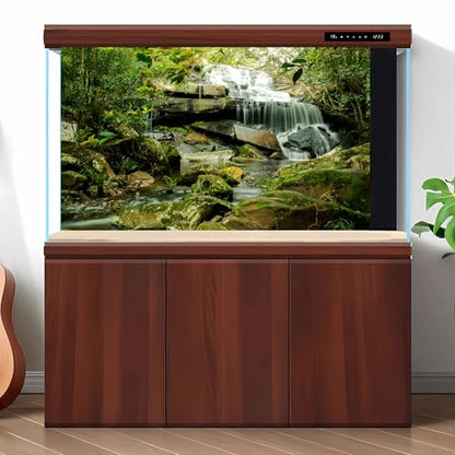 Waterfall Aquarium Background Jungle Forest Lake Stream Natural Landscape Fish Tank Background Tropical Plants Huge Rock with Moss Terrarium Backgrounds Jungle Trees Falls Reptile Backgrounds 24x12in - color: Light Green, size: 24(W)x12(H)inches/ 60(W)*30