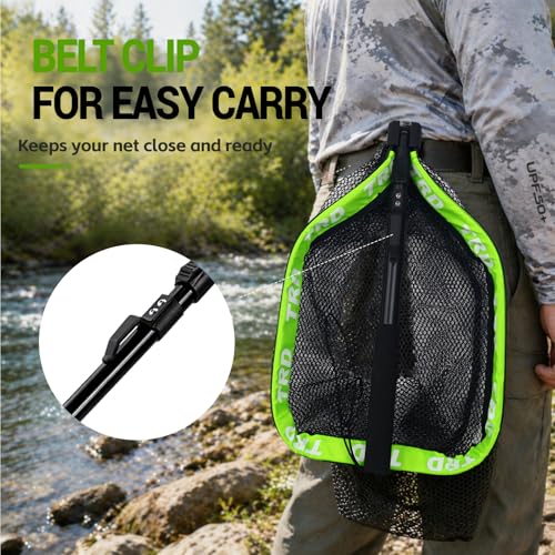 AluFloat X1 Fishing Net with Handle (Fish Net) - Floating Foldable Rubber-Coated Deep Mesh Landing Net for Bass & Fly Fishing - Fishing Gear, Kayak Accessories, Fishing Accessories - color: green
