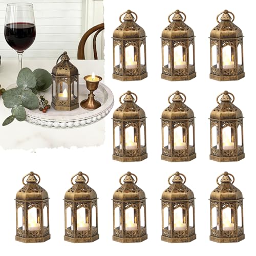 Mini Moroccan Lanterns with LED Tealight Set of 12, Vintage Brown Decorative Hanging Lanterns for Ramadan, Christmas, Halloween, Wedding, Fairy Party Decorations, Table Centerpiece - color: Bronze Brushed