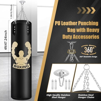 Filled Punching Bag for Adults, 4FT PU Leather Hanging Bag with 11lb Sponge Filler, Come with 12OZ Gloves, Heavy Bag Boxing Equipment for Training Karate Kickboxing Home Gym