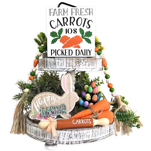 Dazingart Easter Tiered Tray Decor, Carrorts Rolling Pin Tray Decorations Bunny Wooden Signs Wood Bead Garland, Farmhouse Easter Spring Decorations for Home Table Shelf Party Holiday (Carrots) - color: Carrots