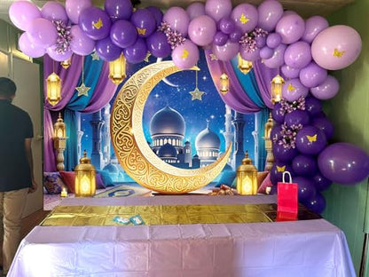 Eid Mubarak Banner Backdrop 8x6FT Purple Islamic Muslim Lantern Moon Star Castle Ramadan Photography Background Eid Mubarak Party Decorations Eid Al Fitr Party Supplies - size: 8x6FT：96'x72'