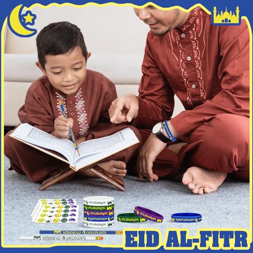 TecUnite 130 Pcs Ramadan Gifts 2026 Eid Mubarak Gifts Bulk for Kids Includes Eid Pencils Silicone Wristbands Islamic Stickers Ramadan Party Supplies for Kareem Basket Bag Stuffers Decoration