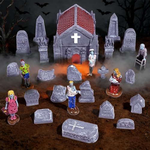 Rileryan 20 PCS Miniature Gravestone Tombstones Figurines | DIY Graveyard Cemetery Scenes Gargoyle Church for Halloween Village Decorations Accessories Haunted Scenery Terrain