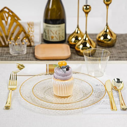 HOMIP 175PCS Plastic Dinnerware Set (25 Guests), Clear Party Plates Include 25 Dinner Plate, 25 Dessert Plate, 25 Cups, 25 Gold Cutlery Set And Pefect for Party and Wedding - size: 175PCS