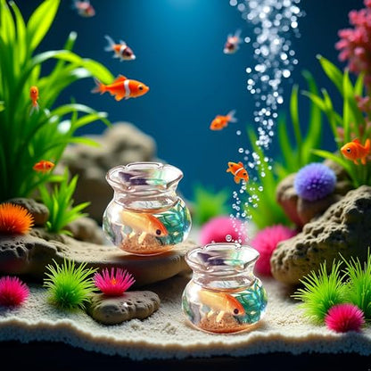 2 Pieces Miniature Fish Bowl Set, Round Resin Fish Tanks with Goldfish Grass, Dollhouse Accessories Decor for Dollhouse Desktop Craft Project Decor