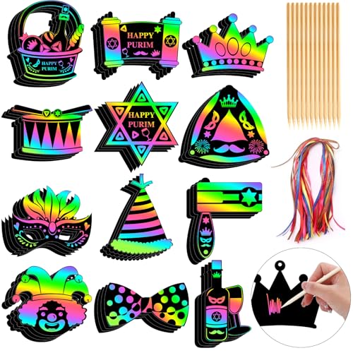 FEBSNOW 48 PCS Purim Crafts for Kids Rainbow Magic Scratch Art Paper Cards for Purim Party Favors Hanging Ornaments Classroom Activities Project DIY Crafts Gift - style: Purim