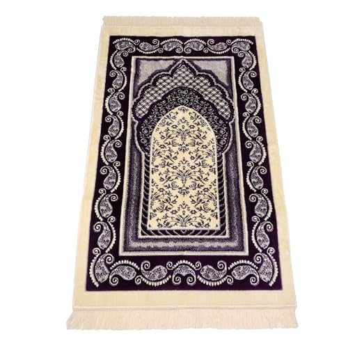 Velvet Muslim Prayer Rug Set with 99 Beads - Purple | Luxury Velvet, Classic Paisley Border Design, Thick Cushioned Janamaz, Non-Slip Backing, Travel Friendly, 99 Tasbeeh Included - color: Purple