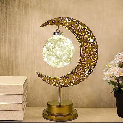 Decorative Table Lamp, Crescent Moon Lamp Ramadan Table Decor, Battery Powered Christmas Ramadan Desk Lamp Decorations for Home, Patterned Hollow Out Warm Boho Light for Bedrooms Nightstand