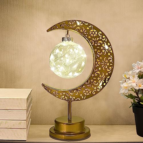 Decorative Table Lamp, Crescent Moon Lamp Ramadan Table Decor, Battery Powered Christmas Ramadan Desk Lamp Decorations for Home, Patterned Hollow Out Warm Boho Light for Bedrooms Nightstand