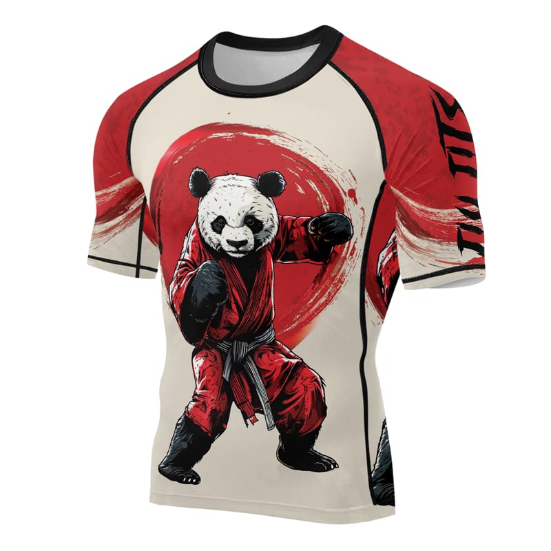 Panda Fighter Men's Short Sleeve Compression Rash Guard MMA Jiu Jitsu BJJ Grappling Base Layer Combat Shirt - color: V1, size: 4X-Large