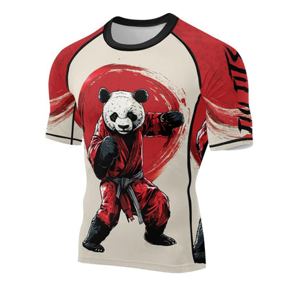 Panda Fighter Men's Short Sleeve Compression Rash Guard MMA Jiu Jitsu BJJ Grappling Base Layer Combat Shirt - color: V1, size: 3X-Large