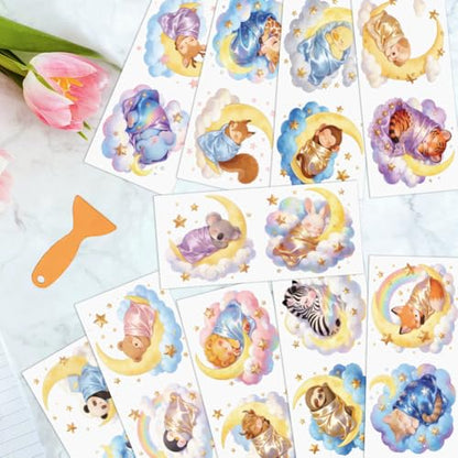 arricraft 10 Pcs Sleeping Animals Theme PVC Cup Transfer Stickers, Adorable Sleeping Cat Fox Animal UV Waterproof Cup Sticker for 16 oz Glasses Window Home Printing Decoration 24x11cm - style: Sleeping Animals Theme