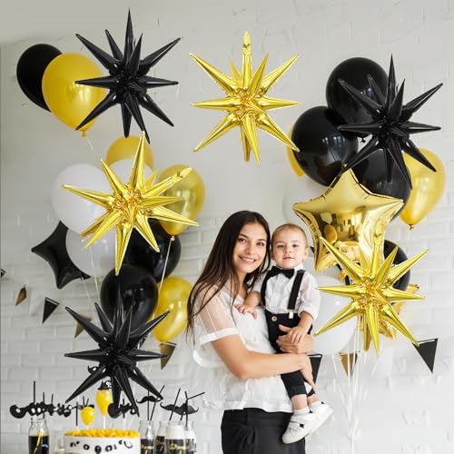 Black Gold Star Balloons, 6PCS 22 Inch Foil Explosion Star Balloons - color: Gold Black