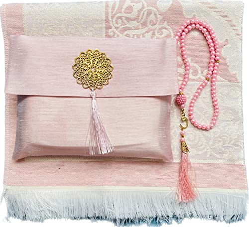 Muslim Prayer Rug and Beads with Elegant Slub Fabric Bag | Janamaz | Sajadah | Soft Islamic Prayer Rug | Islamic & Mawlid Gifts | Prayer Carpet Mat, Taffeta Fabric (Pink, 20 Sets) - color: Pink, size: 20 Sets
