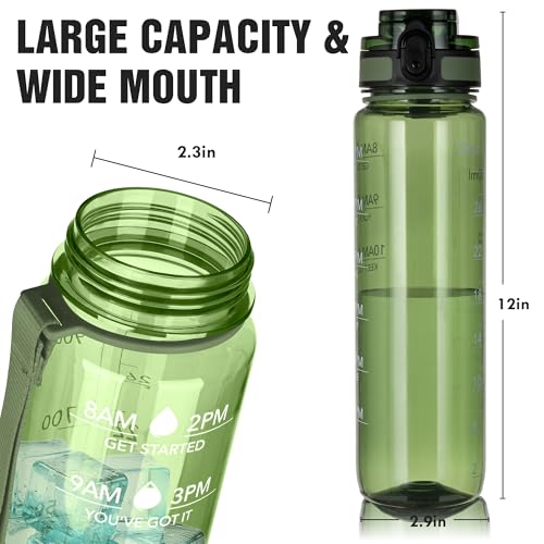 OLDLEY Water Bottle 32oz, Durable and Leakproof Water Bottles Motivational with Time Marker, Tritan, BPA Free, Wide Mouth, Gym, Travel, Home, School, Office, Olive - color: Olive