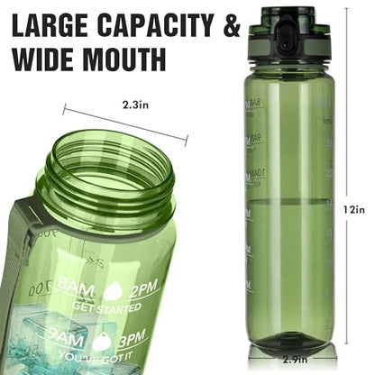 OLDLEY Water Bottle 32oz, Durable and Leakproof Water Bottles Motivational with Time Marker, Tritan, BPA Free, Wide Mouth, Gym, Travel, Home, School, Office, Olive - color: Olive