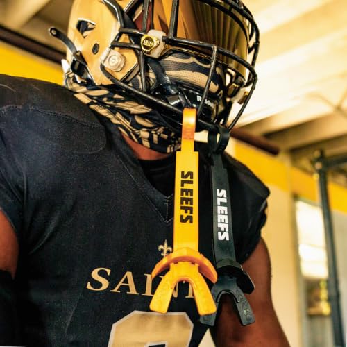SLEEFS X Gold Football Mouth Guard - Lip/Mouthguard with Helmet Strap - Lip/Teeth Protector Mouthpiece - Moldable - for Youth/Adults, Men & Women Mouth Guard, Maximum Air Flow, Lacrosse, All Sports - color: Gold