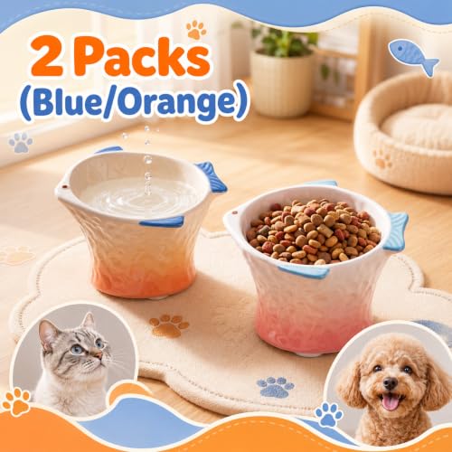 Tioncy 2 Pcs Raised Tilted Ceramic Cat Food Bowl Fish Shape Cute Elevated Slanted Shallow Angled Cat Dish Non Slip Feeder Bowl for Anti-Vomiting and Fatigue (Pink,Orange) - color: Pink,Orange