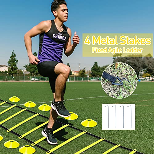 Speed & Agility Ladder Training Equipment Set, Includes 12 Rung 20ft Agility Ladder, 4 Agility Hurdles,12 Disc Cones, 1 Resistance Parachute for Training Football Soccer Basketball Athletes - color: yellow