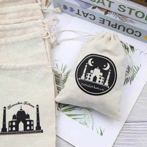 12 PCS Ramadan Drawstring Gift Bags,Eid Mubarak Goody Burlap Bag Small Drawstring Pouch Islamic Mosque Moon Star Cookie Bags Islam Eid Iftar al-Adha Favor Bag for Muslim Islam Party Decorations