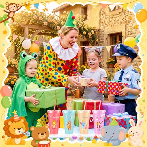 Chuangdi 12 Pcs Animal Parade Themed Party Supplies, 24 oz Cups with Lid and Straw, Reusable Jungle Safari Animals Tumbler for Animal Parade Themed Birthday Decorations, Zoo Baby Shower Favors - style: Animal Parade Party