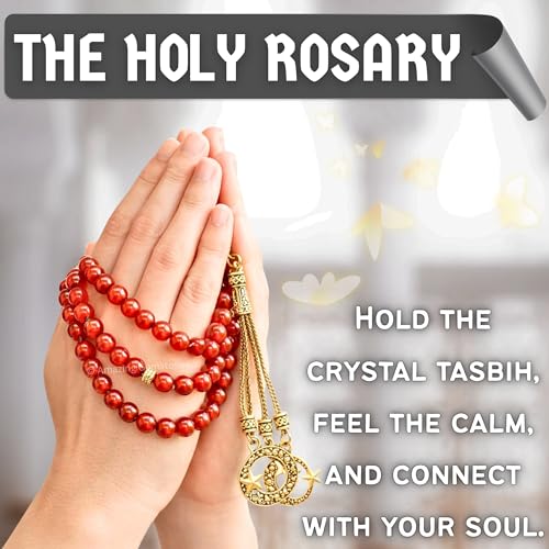 Amazing Gemstone Crystal Tasbeeh with Moon and Star Charm - Certified Crystal Muslim Prayer Beads Natural Gemstone Tasbih Gift for Ramadan Dhikr and Daily Namaz (G) - color: Red Onyx