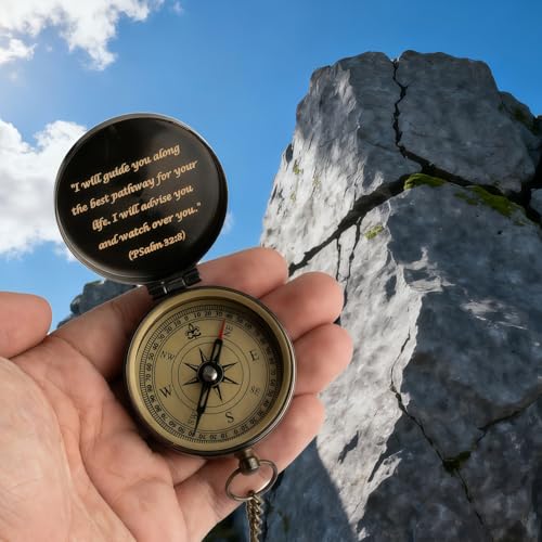 God's Guide & Blessing Compass, Trust in The Lord Compass, Wood Box Greeting, Inspirational Gift Men, Christian Boys Baptism Gifts, Graduation Day with Wooden Box - color: 3.Bronze GOD's Guide & Blessing PU Leather