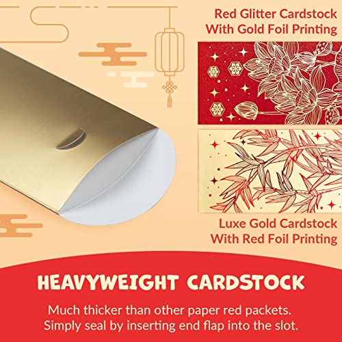 Prims & Flourish Chinese New Year Red Envelopes - 36-Count Chinese Red Packets, Hong Bao with Gold Foil Design, Gift Money Envelopes, Flowers and Bamboos - color: Water Lilies & Bamboos