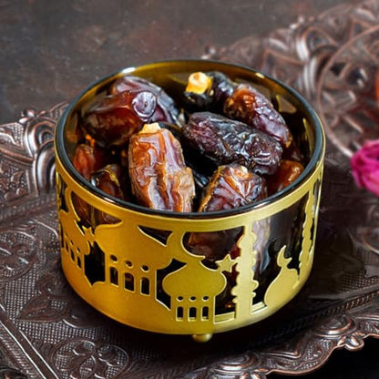Ciieeo Ramadan Serving Trays 2pcs Round Candy Dish with Lid Metal Eid Mubarak Snack Tray Sugar Storage Bowl Islam Plate Muslim Party Table Decor Golden