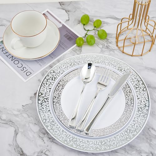 𝟐𝟏𝟎 Count Silver Plastic Dinnerware, Silver Disposable Plates, Includes 30 Dinner & 30 Dessert Plates & 30 Cups & 30 Paper Napkins & 30 Plastic Silverware Set - color: Silver