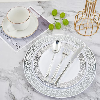 𝟐𝟏𝟎 Count Silver Plastic Dinnerware, Silver Disposable Plates, Includes 30 Dinner & 30 Dessert Plates & 30 Cups & 30 Paper Napkins & 30 Plastic Silverware Set - color: Silver