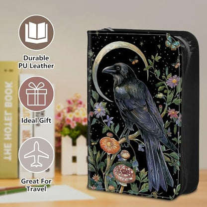 Bible Cover Case for Women, PU Leather Large Bible Cases with Zipper Fits Books Up to 12" x 9" x 2.76”, Bible Carrying Bag for Men, Moon Raven - color: Moon Raven