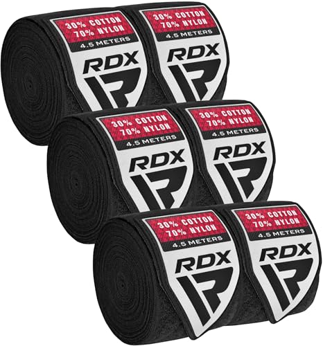 RDX Boxing Hand Wraps 4.5M / 180 Inches – Mexican Style Semi-Elastic MMA Inner Gloves - Wrist Support for Muay Thai, Kickboxing, BJJ, Karate - Thumb Loop & Hook and Loop Closure - Cotton & Nylon Blend - color: Pack of 3 Black