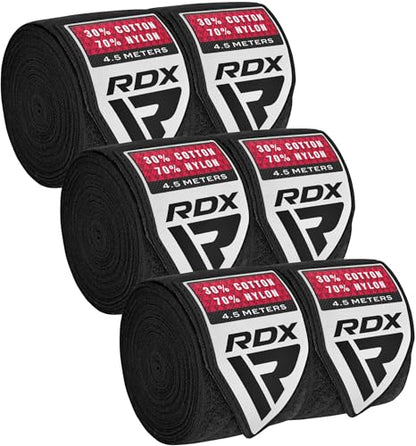 RDX Boxing Hand Wraps 4.5M / 180 Inches – Mexican Style Semi-Elastic MMA Inner Gloves - Wrist Support for Muay Thai, Kickboxing, BJJ, Karate - Thumb Loop & Hook and Loop Closure - Cotton & Nylon Blend - color: Pack of 3 Black