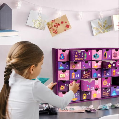 MOVINPE Ramdan Calendar with Drawers 2026 Ramadan Gifts for Kids, 30 Pre-Assembled Empty Boxes Eid Mubarak Coutdown Calendar Fillable Islamic Art Gift Box, Ramadan Party Supplies (Purple) - color: Purple
