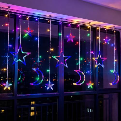 Moon Star Curtain String Lights, 11.5ft 120 LED Colorful Moon Star String Lights with USB & Battery Operated 8 Lighting Modes IP65 Waterproof Starry Night Lights for Christmas Ramadan Wedding Birthday