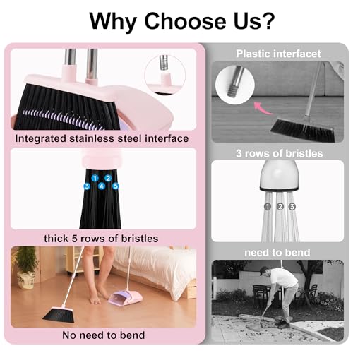 BSKLIN Broom and Dustpan Set, 52” Long Adjustable Handle Broom with Dustpan Combo Set with Dust Pan Teeth to Clean Hair for Home Lobby Office Kitchen (Small-Pink-Purple) - size: Small-pink-purple