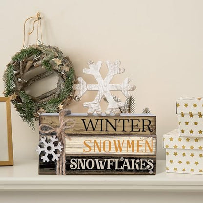 4 Pcs Winter Table Decorations Snowmmen Tiered Tray Decorations Christmas Mini Snowflake Wooden Books Signs for Office Shelf Classroom Tabletop Bookshelf - style: Winter