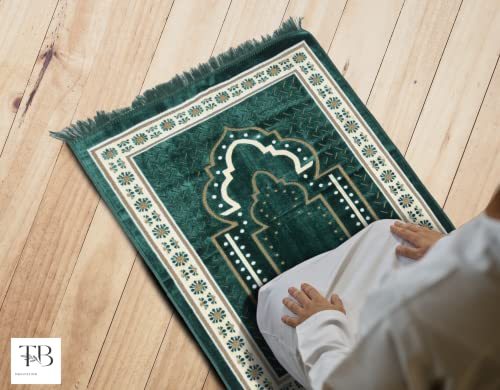 TB Islamic Prayer Rug Thick Soft Velvet Muslim Mat Unique Arabic Turkish African Embroidered Design Prayer Bead Daily Salah Prayer Meditation Ramadan Eid Gift for Women Men Kids (Green) - color: Green
